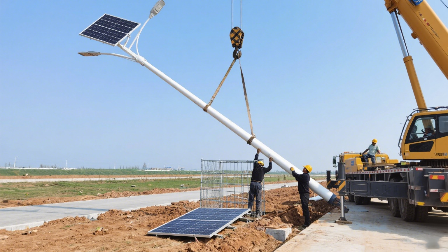 太阳能灯杆吊装作业图